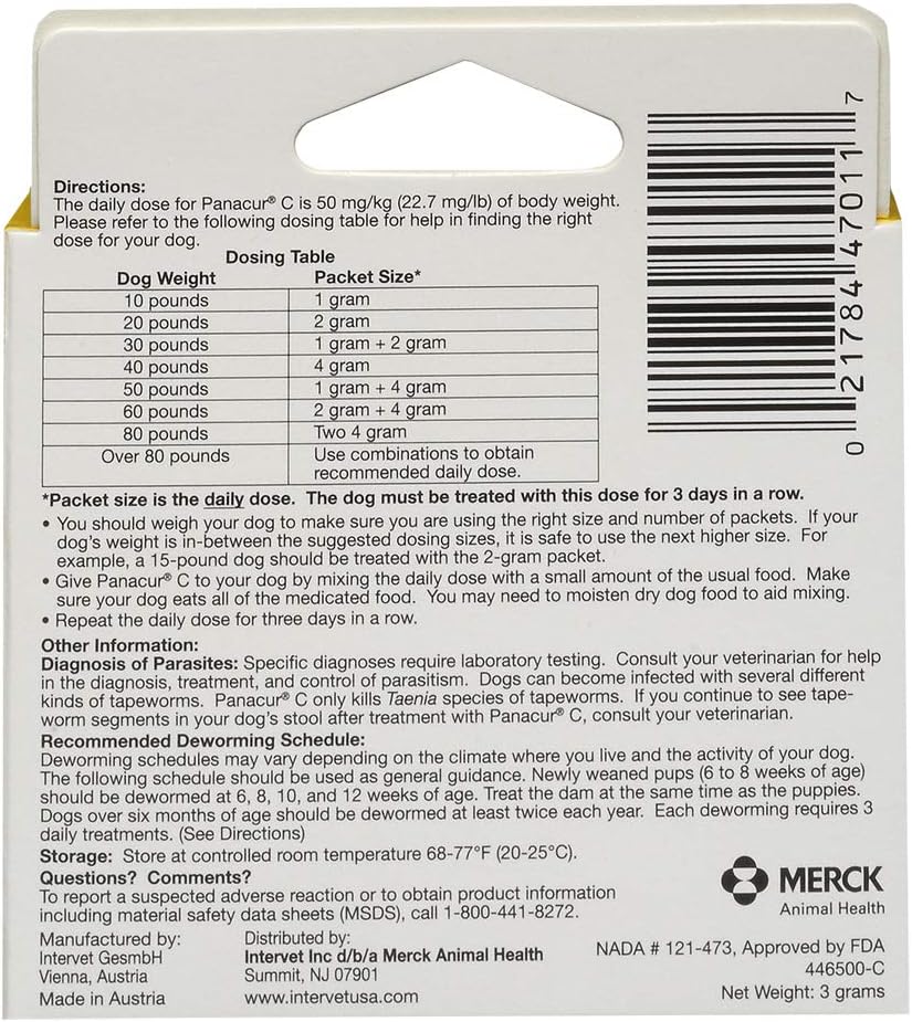 Panacur C Canine Dewormer, 1 Gram, Yellow, 3 Count
