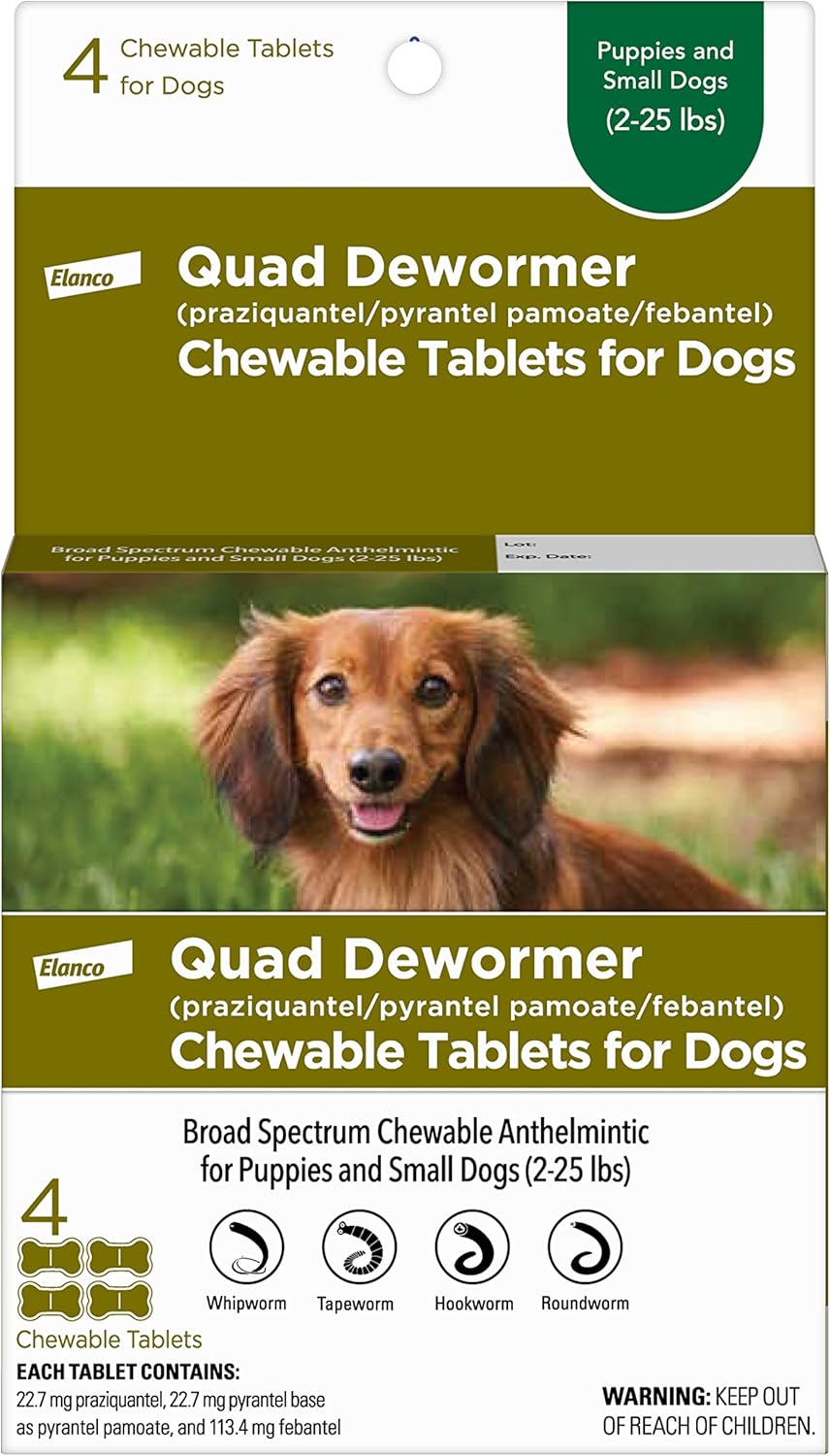 Elanco Chewable Quad Dewormer for Small Dogs, 2-25 lbs, 4 Chewable Tablets, White