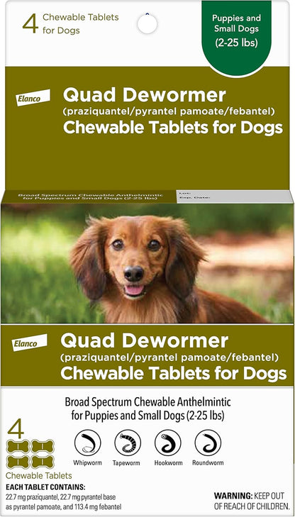 Elanco Chewable Quad Dewormer for Small Dogs, 2-25 lbs, 4 Chewable Tablets, White