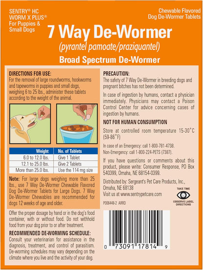 Sentry PET Care HC Worm X Plus 7 Way De-Wormer for Puppies and Small Dogs, 6-25 lbs, Chewable, 6 Count